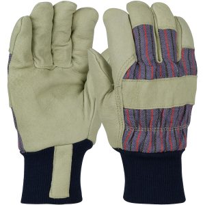 Pigskin Leather Palm Glove with Fabric Back and Natural Thermal Lining - Blue Knit Wrist