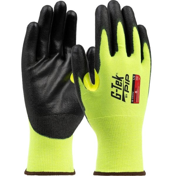 Hi-Vis Seamless Knit PolyKor® Blended Glove with Polyurethane Coating on Palm & Fingers with Reinforced Thumb Crotch - 21 Gauge - Touchscreen Compatible