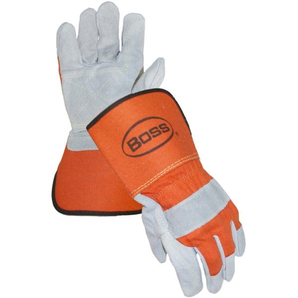 Superior Grade Split Cowhide Leather Double Palm Glove with Canvas Back and Aramid Stitching - Rubberized Gauntlet Cuff