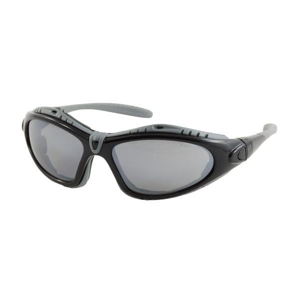 Full Frame Safety Glasses with Black Frame, Foam Padding, Silver Mirror Lens and Anti-Scratch / Anti-Fog Coating