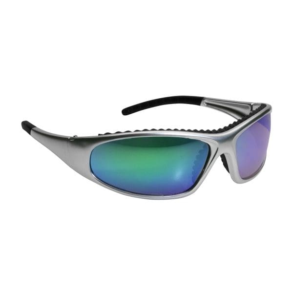 Full Frame Safety Glasses with Silver / Green Frame, Green Mirror Lens and Anti-Scratch / Anti-Fog Coating