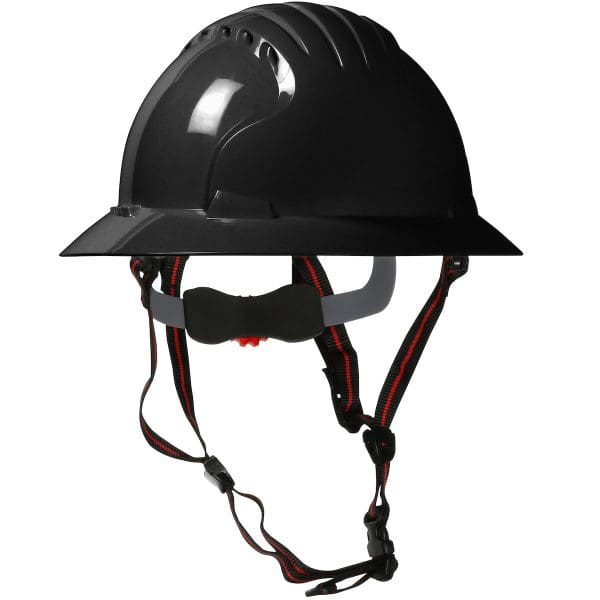 Full Brim Safety Helmet with HDPE Shell, 4-Point Chinstrap, 6-Point Suspension and Wheel Ratchet Adjustment