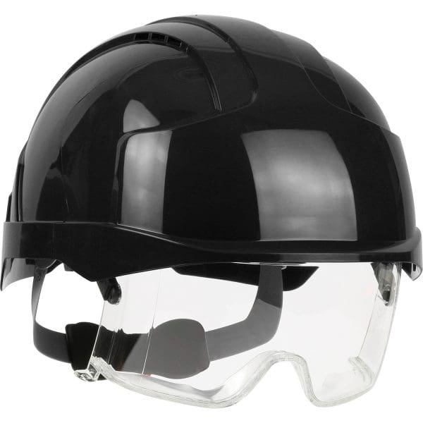 Type I, Vented Industrial Safety Helmet with Lightweight ABS Shell, Integrated ANSI Z87.1 Eye Protection, 6-Point Polyester Suspension and Wheel Ratchet Adjustment