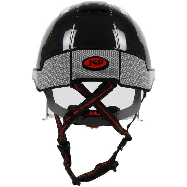 Type I, Vented Industrial Safety Helmet with fully adjustable four point chinstrap, Lightweight ABS Shell, Integrated ANSI Z87.1 Eye Protection, 6-Point Polyester Suspension and Wheel Ratchet Adjustment - Image 4