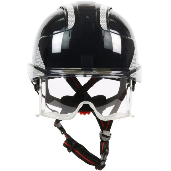 Type I, Vented Industrial Safety Helmet with fully adjustable four point chinstrap, Lightweight ABS Shell, Integrated ANSI Z87.1 Eye Protection, 6-Point Polyester Suspension and Wheel Ratchet Adjustment - Image 3