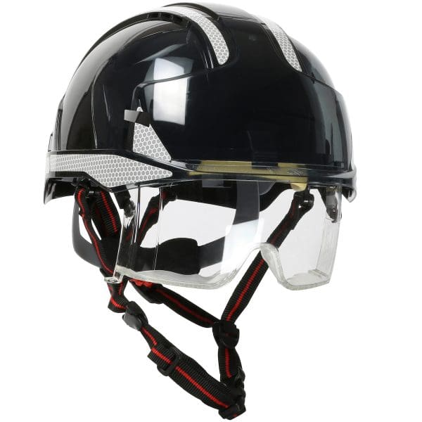 Type I, Vented Industrial Safety Helmet with fully adjustable four point chinstrap, Lightweight ABS Shell, Integrated ANSI Z87.1 Eye Protection, 6-Point Polyester Suspension and Wheel Ratchet Adjustment