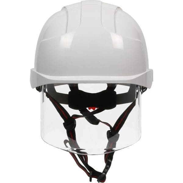 Type I, Non-vented Industrial Safety Helmet with fully adjustable four point chinstrap, Lightweight ABS Shell, Integrated Faceshield, 6-Point Polyester Suspension and Wheel Ratchet Adjustment - Image 3