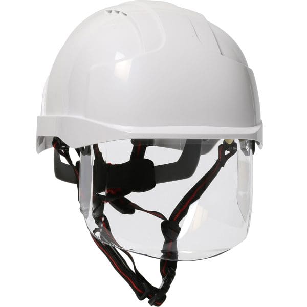 Type I, Non-vented Industrial Safety Helmet with fully adjustable four point chinstrap, Lightweight ABS Shell, Integrated Faceshield, 6-Point Polyester Suspension and Wheel Ratchet Adjustment