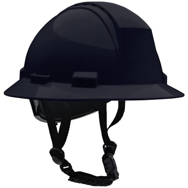 Type II Full Brim Safety Helmet with HDPE Shell, 4-Point Textile Suspension, Wheel Ratchet Adjustment Vented, With 4-Point Chinstrap