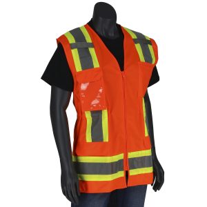 ANSI Type R Class 2 Women's Contoured Two-Tone Eleven Pocket Surveyors Vest with Solid Front and Mesh Back