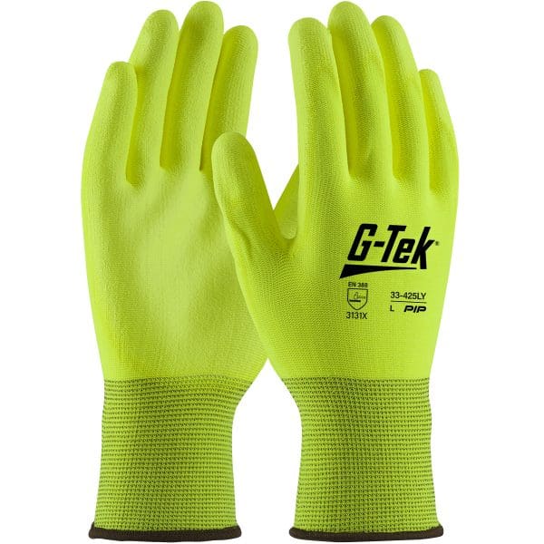 Hi-Vis Seamless Knit Polyester Glove with Hi-Vis Polyurethane Coated Flat Grip on Palm & Fingers