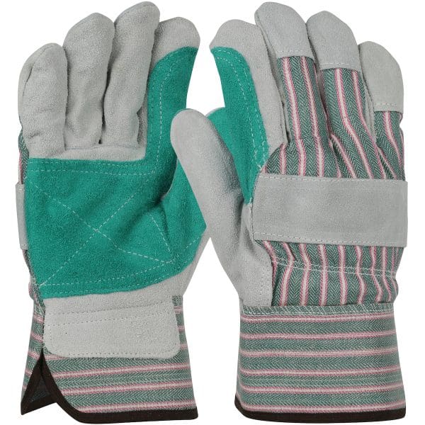 Regular Grade Split Cowhide Leather Double Palm Glove with Fabric Back - Rubberized Safety Cuff