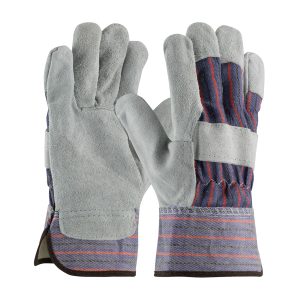 Economy Split Cowhide Leather Palm Glove with Fabric Back and Red Fleece Lining - Rubberized Safety Cuff