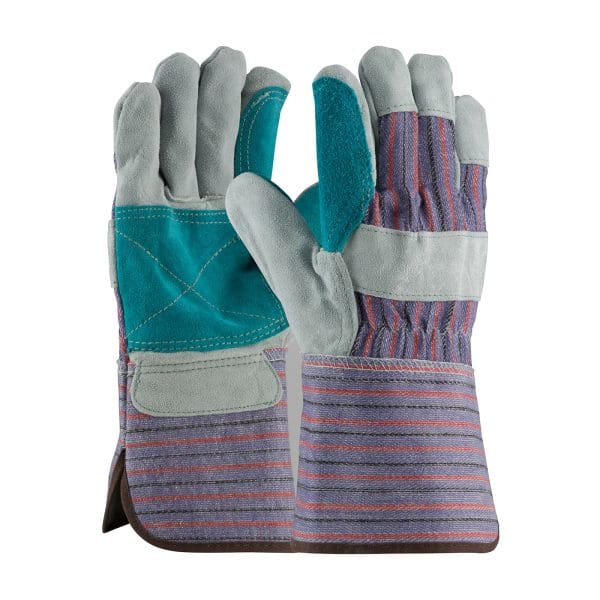 Economy Grade Split Cowhide Leather Double Palm Glove with Fabric Back - Rubberized Gauntlet Cuff