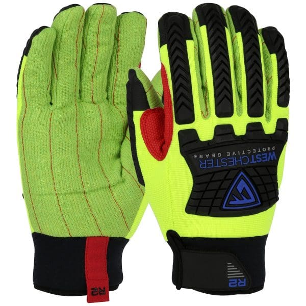 R2 Safety Rigger Green Corded Palm with Fabric Back and TPR Impact Protection - Insulated & Waterproof